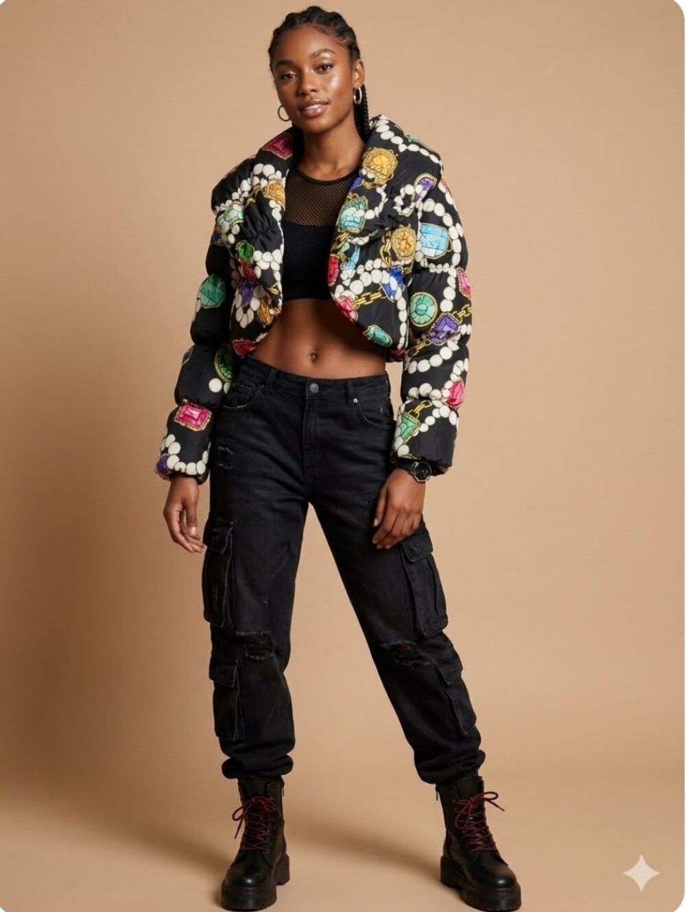 RARE Boutique Moschino Jewel Gem Print Cropped Puffer Jacket, VGUC, Size 8